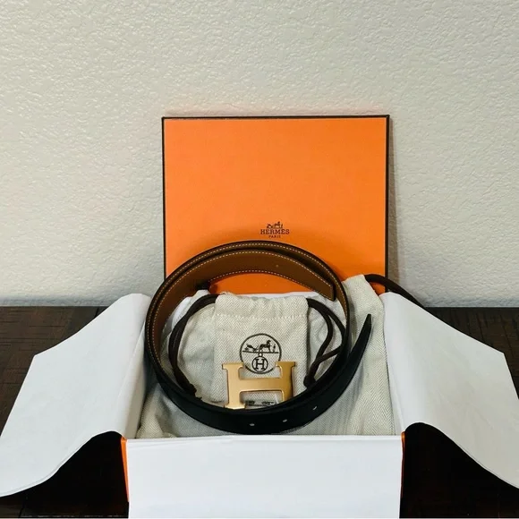 Hermes H Belt 32 mm Black  & Gold Leather, Rose Gold Hardware, 80 cm, Giftable - Picture 3 of 5